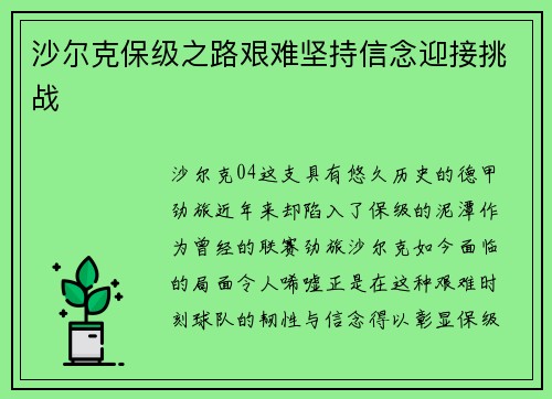 沙尔克保级之路艰难坚持信念迎接挑战